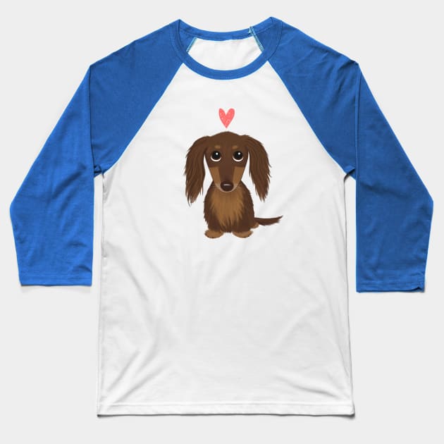 Longhaired Chocolate Dachshund | Cute Wiener Dog with Heart Baseball T-Shirt by Coffee Squirrel